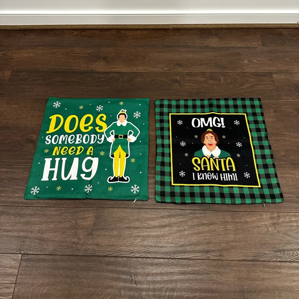 Set of Two Festive Holiday Buddy The Elf Pillow Covers - Green and Black Plaid